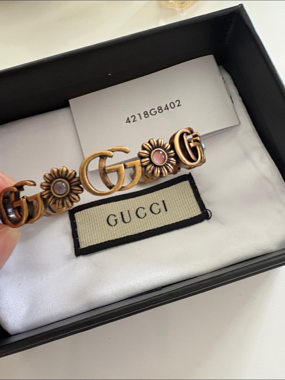 Gucci Old Gold Tone GG Daisy Bracelet with Pink and Turquoise Enamel Accents